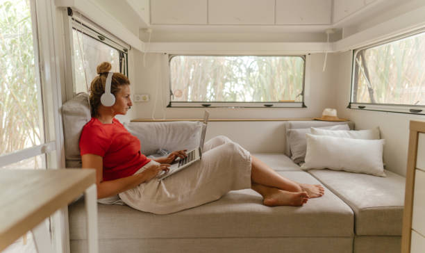 istock Female freelancer working from the recreational vehicle 1334009796