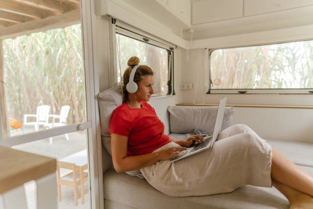 istock Female freelancer working from the recreational vehicle 1334009798