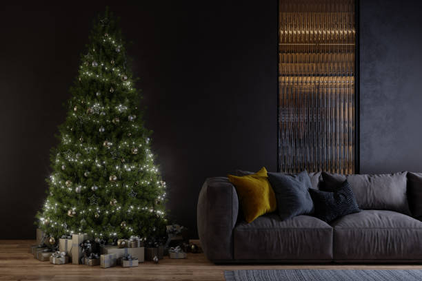 istock Living Room Interior At Night With Sofa, Christmas Tree, Lights, Ornaments And Gift Boxes 1334009839