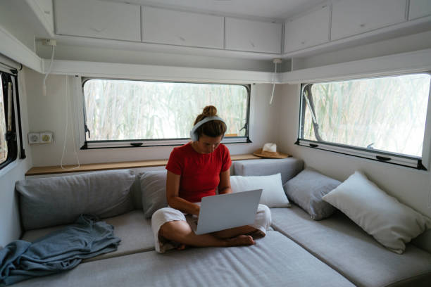 istock Female freelancer working from the recreational vehicle 1334009840