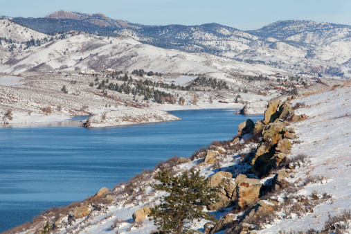 Horsetooth REservoir in Fort Collins, Colorado with a view of Lory State Park and Greyrock - winter scenery with fresh snow