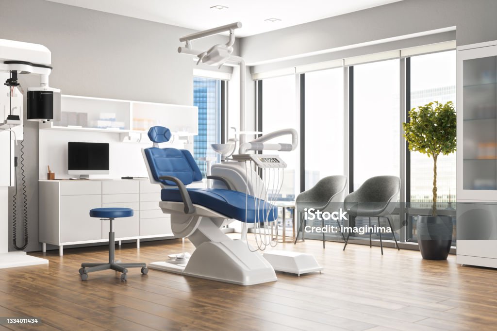 Dentist's Office In Dental Clinic Interior of an empty modern dental clinic room. Dentist's Office Stock Photo