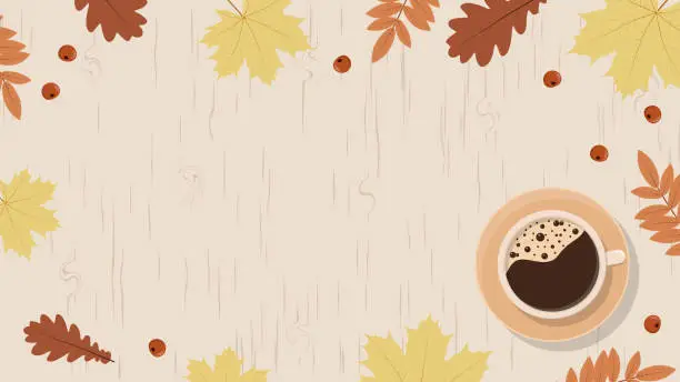 Vector illustration of Autumn background. A mug of coffee, leaves, rowan berries and a wooden table. Vector illustration