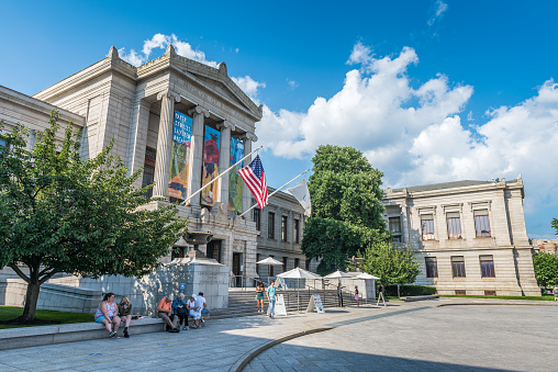 Boston, MA, USA - August 6, 2021: View of the entrance of the Museum of Fine Arts in Boston, is the 14th-largest art museum in the world. The Museum of Fine Arts was founded in 1870. The Museum of Fine Arts possesses materials from a wide variety of art movements and cultures.