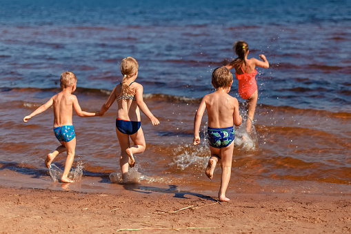 Four children run into the lake together on a sunny summer day.