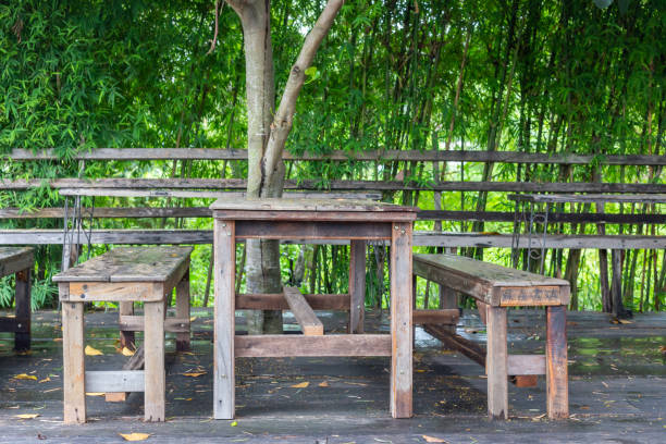 istock table and chairs standing on a lawn at the garden, 1334019440