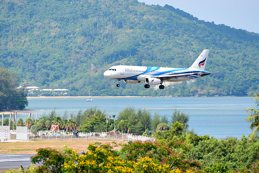 Phuket, Thailand - May 8,2020 :Bangkok airways ,Airbus a320, HS-PPJ prepare for landing at Phuket international airport.