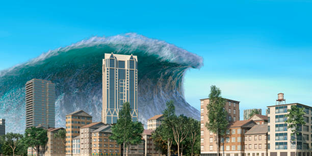 istock Tsunami wave apocalyptic water view urban flood Storm. 3D illustration 1334036083