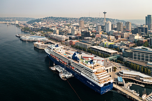 Seattle, USA - August 13th, 2021 The cruise ship Millenium Celebrity Cruises awaits loading at the dock in Seattle.  The ship will be headed to Alaska shortly.