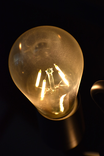 Close-up of Edison-style LED lightbulb with some black of the fixture visible