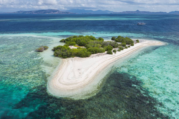 taman nasional komodo pemandangan drone pulau atoll pulau atol indonesia - nusa tenggara timur potret stok, foto, & gambar bebas royalti