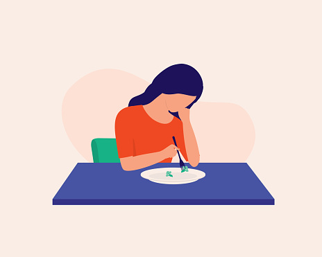Young Depressed Woman Lose Her Appetite And Just Eating A Small Amount Of Food. Half Length, Isolated On Abstract Background. Vector, Illustration, Flat Design, Character.