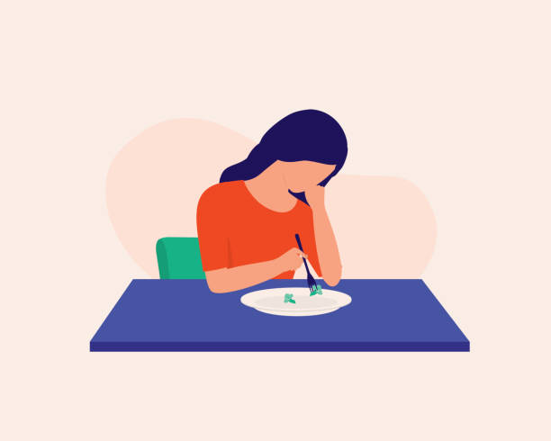 Depressed Woman Not Feeling Hungry And Just Eating Broccoli For Meal. Eating Disorder. Young Depressed Woman Lose Her Appetite And Just Eating A Small Amount Of Food. Half Length, Isolated On Abstract Background. Vector, Illustration, Flat Design, Character. eating illustrations stock illustrations