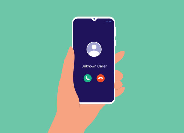 A Person Receive Incoming Call From An Unknown Caller. Phone Scammer. Vishing. A Person's Hand Holding Smartphone With Unknown Caller ID Appeared On The Mobile Device Screen. Close-Up, Isolated On Green Background. Vector, Illustration, Flat Design, Character. hoax stock illustrations