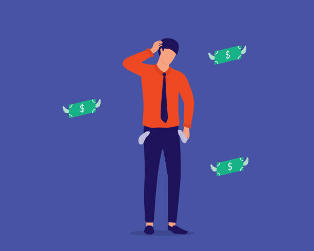 Young Broke Man In Financial Crisis. Young Broke Man With Empty Pockets Turned Outward. Money Flying Away. No Money. Overspending. Full Length, Isolated On Blue Background. Vector, Illustration, Flat Design, Character. empty pockets stock illustrations