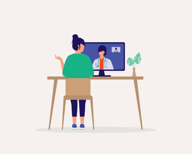 Female Patient Having Video Call With Doctor Online At Home. Telemedicine. Telehealth. Back View Of A Young Woman Sitting On Desktop With Computer Making Video Call With Her Doctor While Staying At Home. Full Length, Isolated On Plain Color Background. Vector, Illustration, Flat Design, Character. telemedicine stock illustrations
