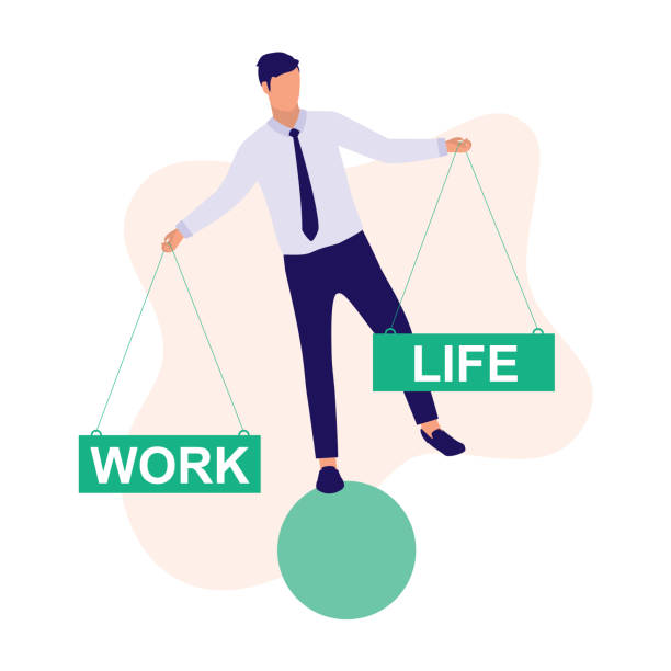 Man Strike Balance Between Work And Life. Work-life Balance. Man Balancing On Ball. Full Length, Isolated On Plain Color Background. Vector, Illustration, Flat Design, Character. standing on one leg not exercising stock illustrations