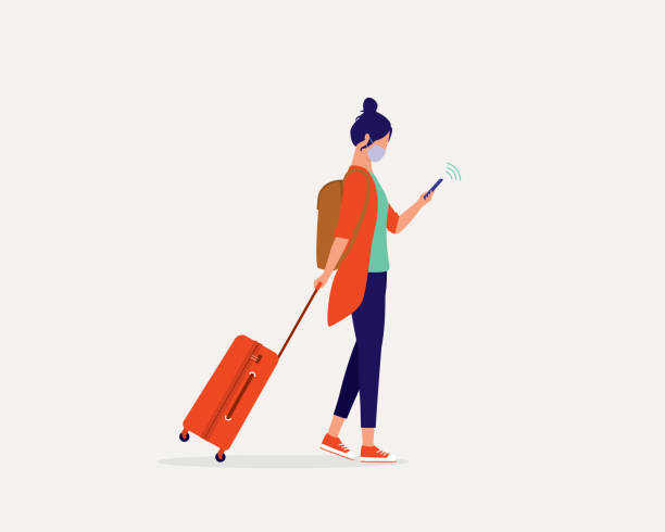 kobieta z maską na twarz podróżująca podczas pandemii covid-19. bezpieczna podróż. - women travel tourist suitcase stock illustrations