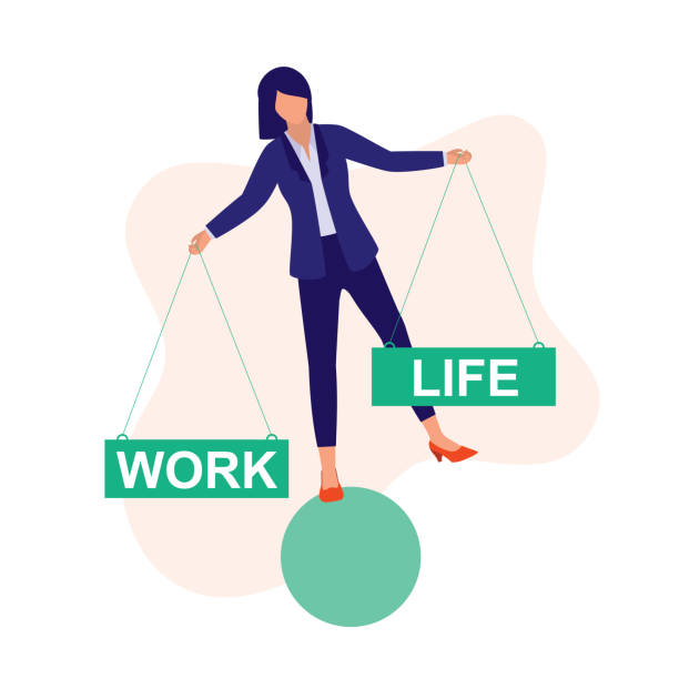 Woman Strike Balance Between Work And Life. Work-life Balance. Woman Balancing On Ball. Full Length, Isolated On Plain Color Background. Vector, Illustration, Flat Design, Character. standing on one leg not exercising stock illustrations