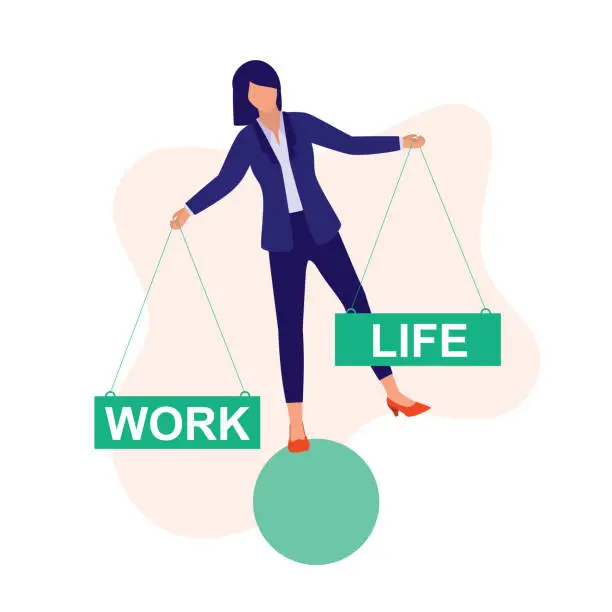 Vector illustration of Woman Strike Balance Between Work And Life. Work-life Balance.