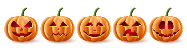 istock Halloween pumpkins vector set. Halloween pumpkin element collection in spooky, scary and creepy with facial expressions 1334051901