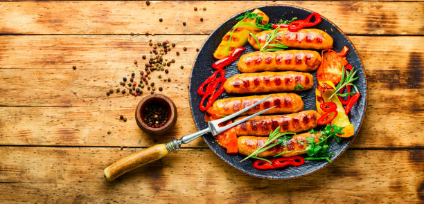 istock Delicious grilled sausages,space for tex 1334052056