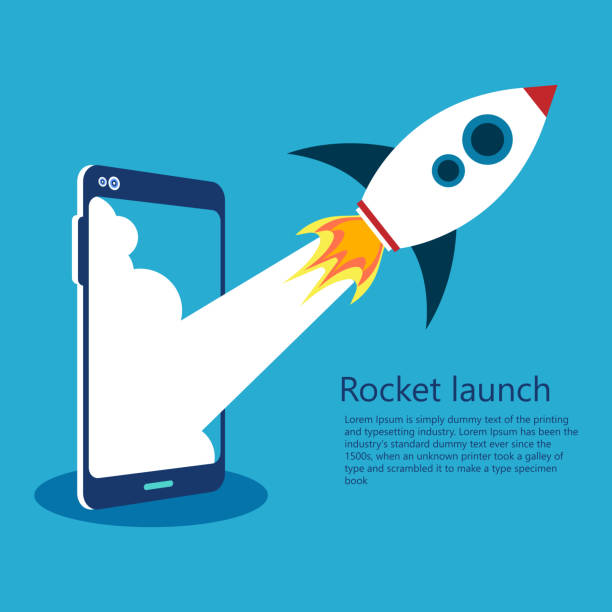 Rocket launched from the phone. start up USA, India, Mobile Phone, Rocket, Flying, Mobile App, Business, Digital Display, Taking Off - Activity ship launch stock illustrations