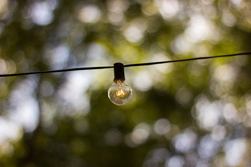 A wide shot of a decorative outdoor hanging light bulb