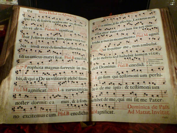 istock 4-line neume score for Gregorian chant in the medieval Baroque era 1334057877
