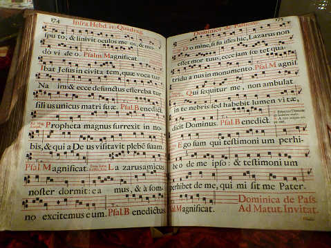 4-line neume score for Gregorian chant in the medieval Baroque era