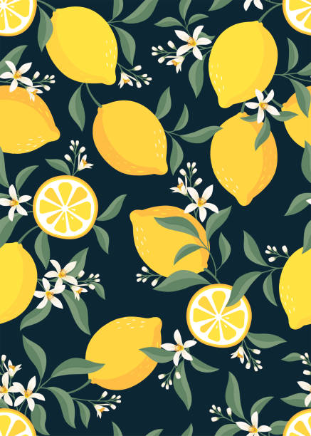 illustrazioni stock, clip art, cartoni animati e icone di tendenza di modello senza cuciture di modello di sfondo di frutta al limone. set vettoriale di elemento limone per la pubblicità, il design del packaging dei prodotti del tè al limone e il design della moda. - limone