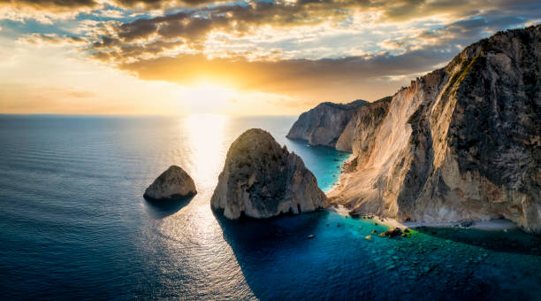 istock Panoramic sunset view to the beautiful Mizithres rocks, Zakynthos island 1334061490