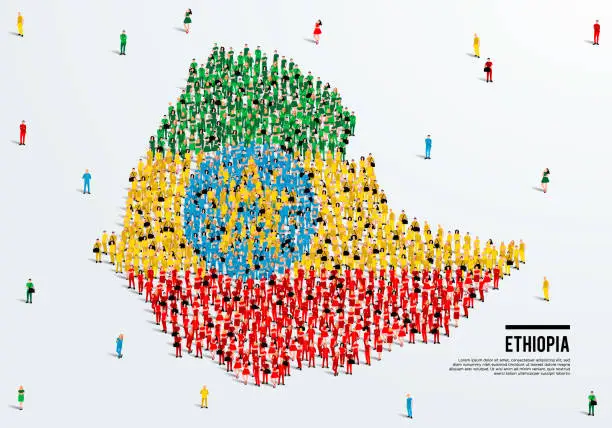 Vector illustration of Ethiopia Map and Flag. A large group of people in the Ethiopian flag color form to create the map. Vector Illustration.