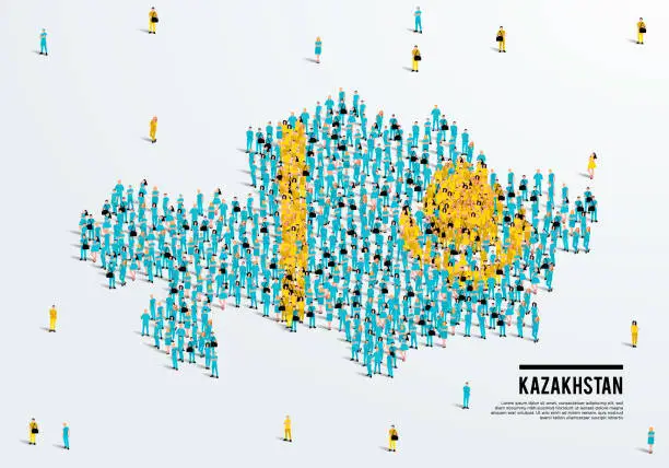 Vector illustration of Kazakhstan Map and Flag. A large group of people in the Kazakhstan flag color form to create the map. Vector Illustration.