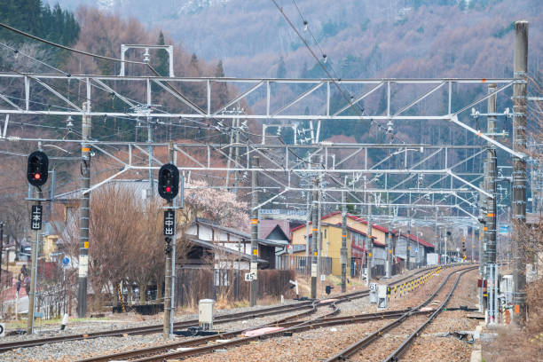istock train railway at Narai-juku preserved town, Kiso valley 1334064359