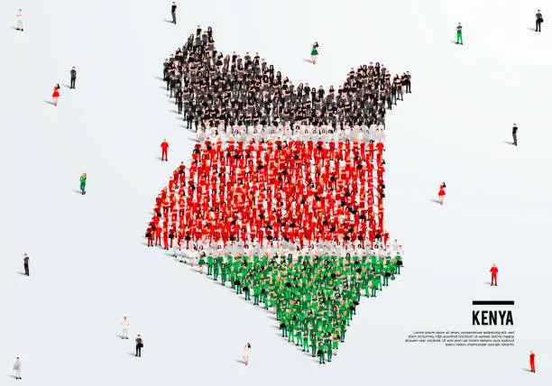 Vector illustration of Kenya Map and Flag. A large group of people in the Kenyan flag color form to create the map. Vector Illustration.