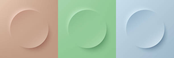 化粧品用の抽象的な3dベージュ、ライトグリーンとブルーパステルカラーサークルフレームデザインのセット。コピースペースを持つトレンディな色の幾何学的背景のコレクション。トップ � - set blue brown green点のイラスト素材／クリップアート素材／マンガ素材／アイコン素材