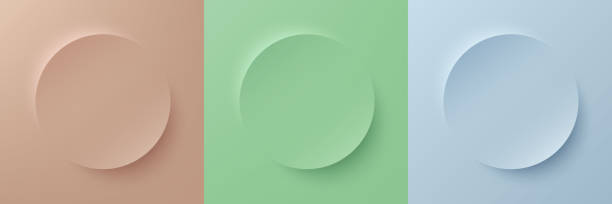 ilustrações de stock, clip art, desenhos animados e ícones de set of abstract 3d beige, light green and blue pastel color circle frame design for cosmetic product. collection of trendy color geometric background with copy space. top view scene. vector eps10 - three dimensional shadow digitally generated image pattern