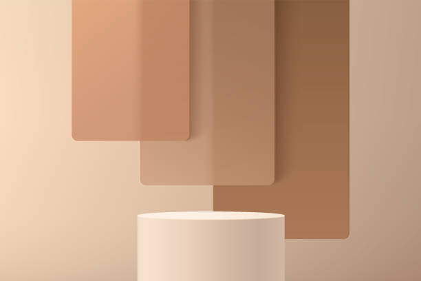 istock Abstract 3D beige cylinder pedestal or stand podium with brown square glass overlap layers backdrop. Brown minimal wall scene for product display presentation. Vector geometric rendering platform. 1334067523