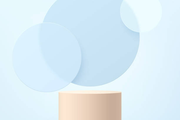 Abstract 3D beige cylinder pedestal or stand podium with blue circle glass overlap layers backdrop. light blue minimal wall scene for product display presentation. Vector geometric rendering platform. Abstract 3D beige cylinder pedestal or stand podium with blue circle glass overlap layers backdrop. light blue minimal wall scene for product display presentation. Vector geometric rendering platform. glass showroom stock illustrations