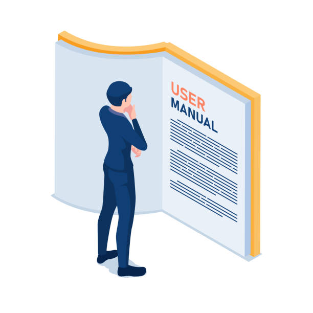 Isometric Businessman Reading User Manual Flat 3d Isometric Businessman Reading User Manual. User Guide Manual Concept. guidance illustrations stock illustrations