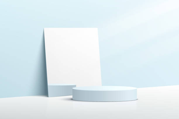 직사각형 거울과 조명이 있는 추상적인 라이트 블루 3d 원통형 받침대 연단. 화장품 프리젠 테이션파스텔 블루 미니멀리스트 벽 장면. 벡터 형상 렌더링 플랫폼입니다. - mirror stock illustrations