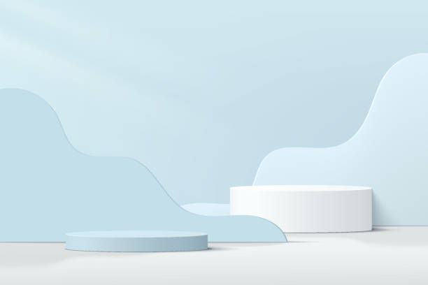 illustrations, cliparts, dessins animés et icônes de abstrait 3d blanc, socle cylindre bleu podium avec bleu clair couches de forme ondulée fond. scène murale minimale bleu pastel pour la présentation de l’affichage du produit. plate-forme de rendu géométrique vectoriel. - podium