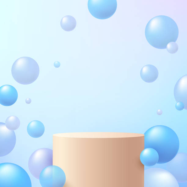istock Abstract 3D beige cylinder pedestal or stand podium with blue hologram sphere ball or bubble flying on air. Pastel blue minimal scene for product display presentation. Geometric rendering platform. 1334072092