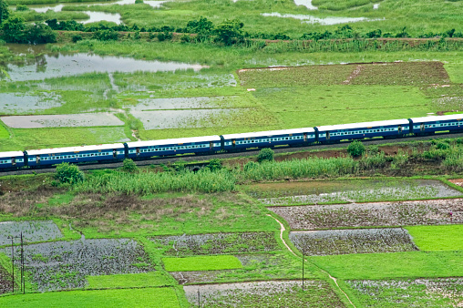 Train passing through agriculture land of Chiplun district Ratnagiri state Maharashtra India