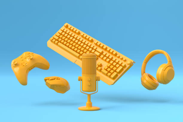 istock Flying gamer gears like mouse, keyboard, joystick, headset, VR, microphone 1334072191