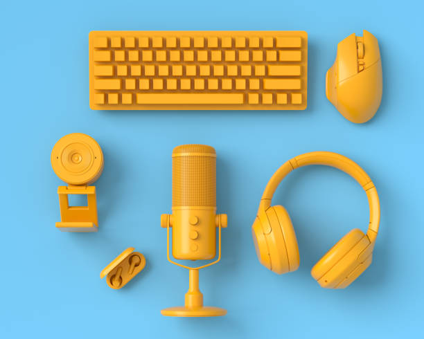 istock Top view gamer gears like VR glasses, keyboard, controllers and microphone 1334072217