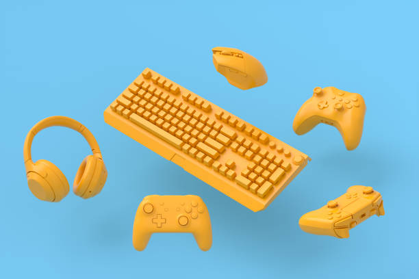 istock Flying gamer gears like mouse, keyboard, joystick, headset, VR 1334073129
