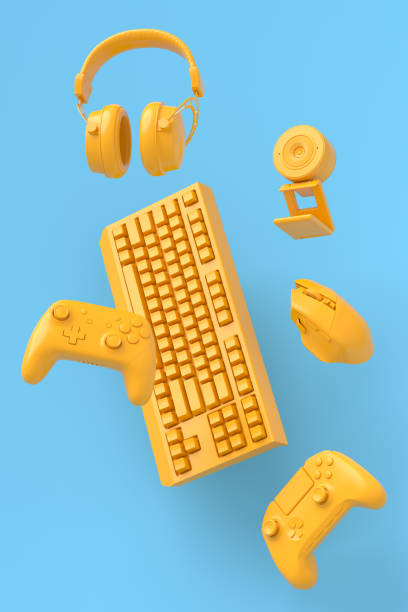 istock Flying gamer gears like mouse, keyboard, joystick, headset, VR, web camera 1334073140