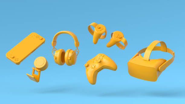 istock Flying gamer gears like mouse, keyboard, joystick, headset, VR 1334073188
